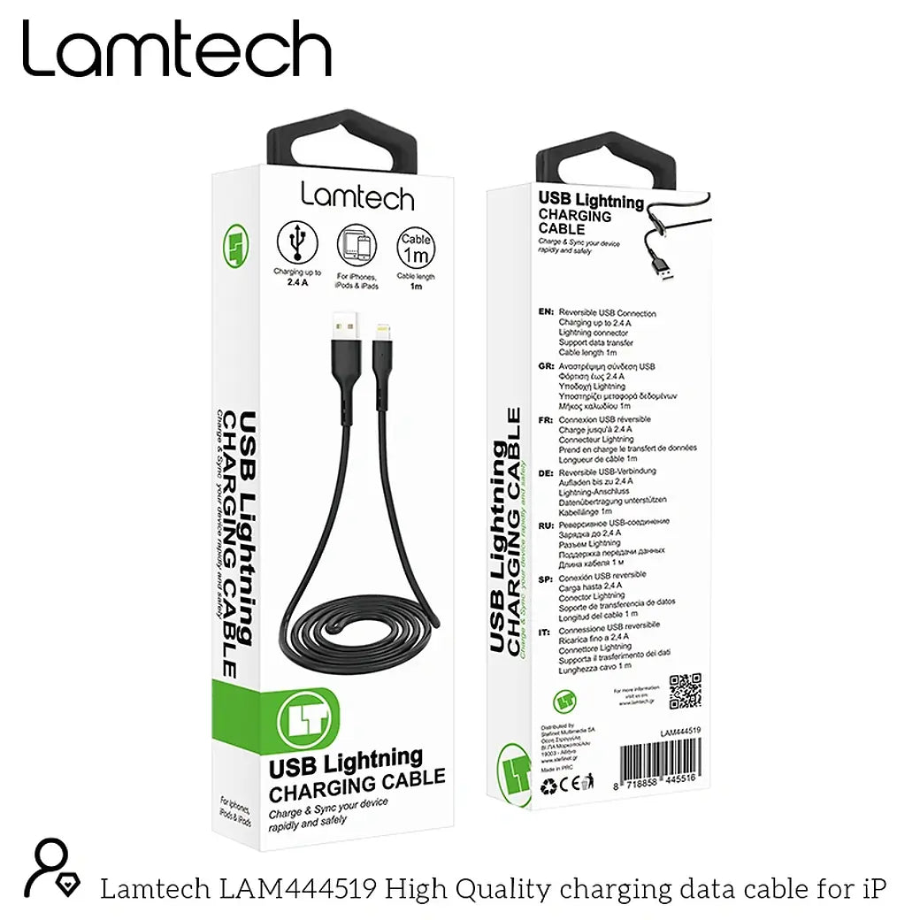 LAMTECH CHARGING & DATACABLE LIGHTNING 1m BLACK