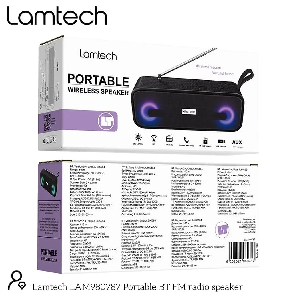 LAMTECH PORTABLE BT FM RADIO SPEAKER 10W BLACK
