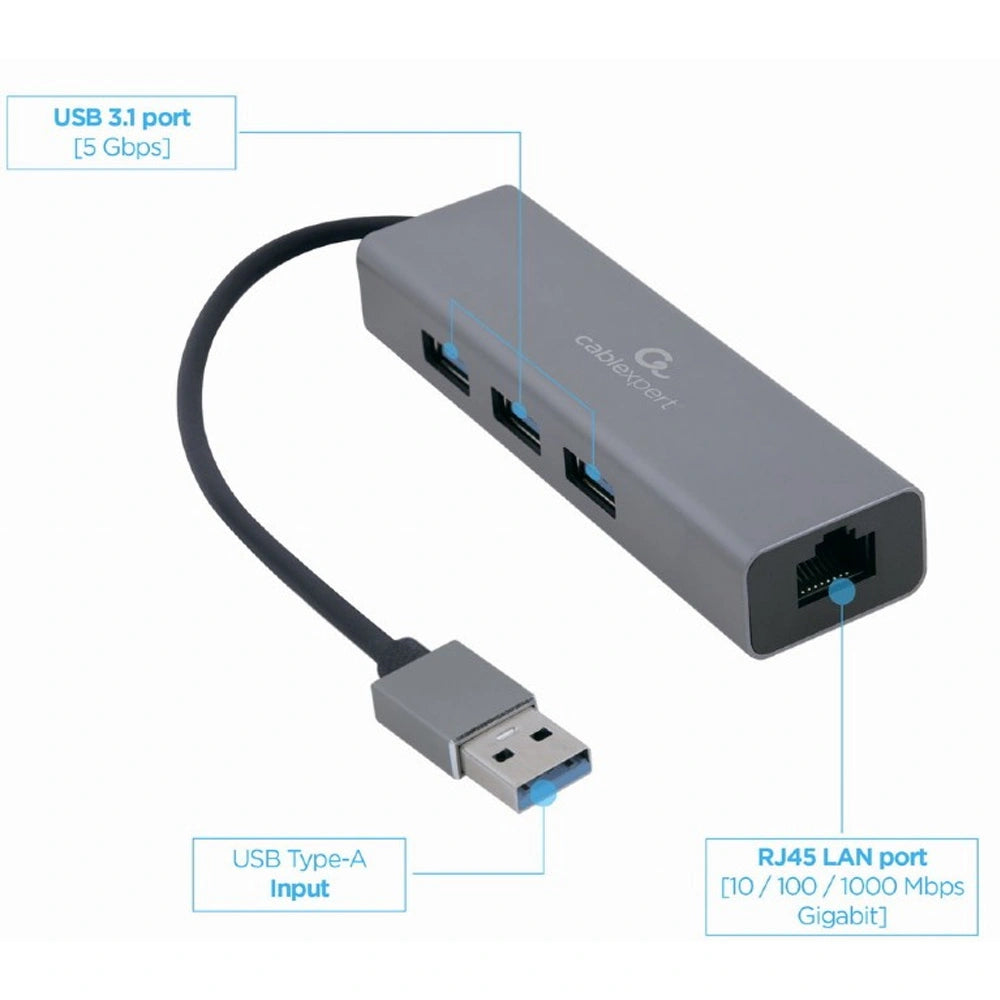 CABLEXPERT USB AM GIGABIT NETWORK ADAPTER WITH 3-PORT USB 3.2 HUB