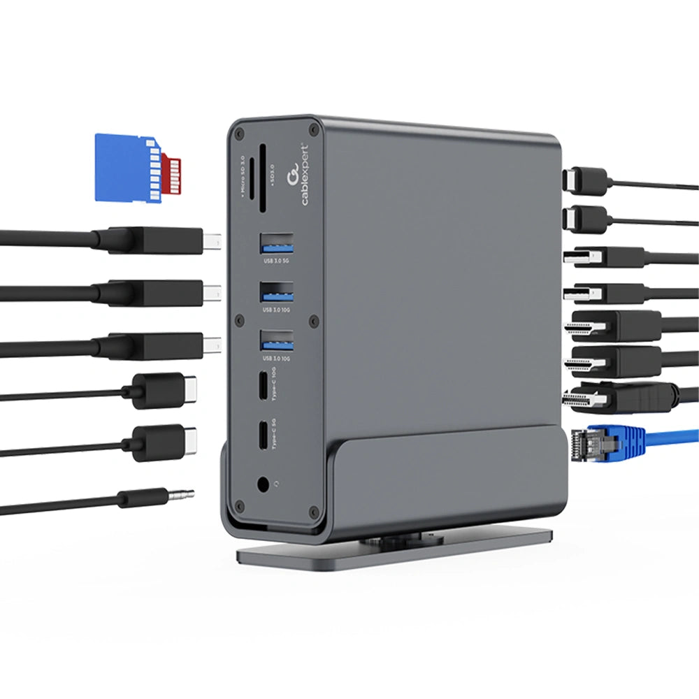 CABLEXPERT USB TYPE-CF 15-IN-1 MULTIPORT ADAPTER (USB HUB AF-PORTS v.2x2 + v.3x3, Type-CF + HDMIx2 +DISPLAYPORT + PD + CARD READER + GIGALAN + 3.5 mm AUDIO), GREY