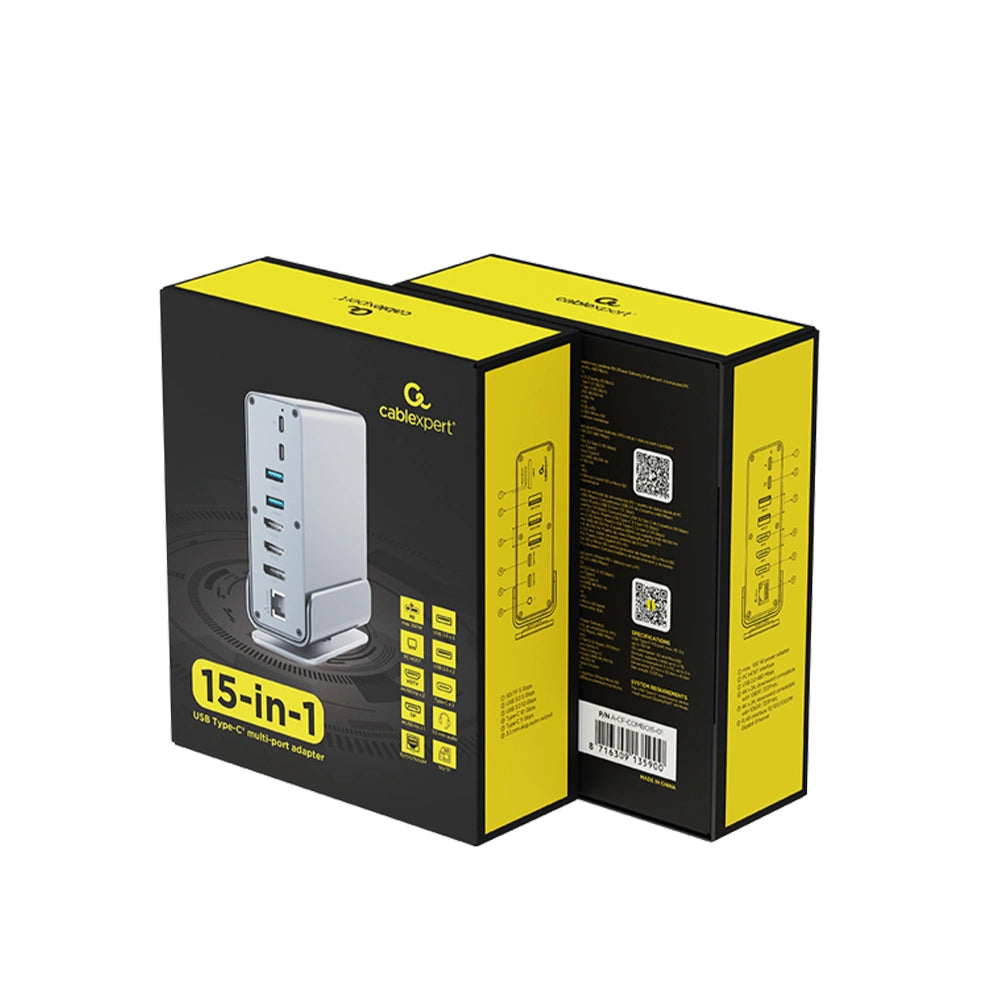 CABLEXPERT USB TYPE-CF 15-IN-1 MULTIPORT ADAPTER (USB HUB AF-PORTS v.2x2 + v.3x3, Type-CF + HDMIx2 +DISPLAYPORT + PD + CARD READER + GIGALAN + 3.5 mm AUDIO), GREY