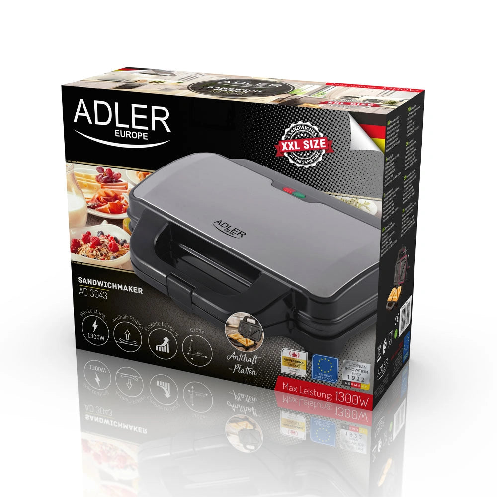 ADLER SANDWICH MAKER XXL SIZE 1300W BLACK SILVER