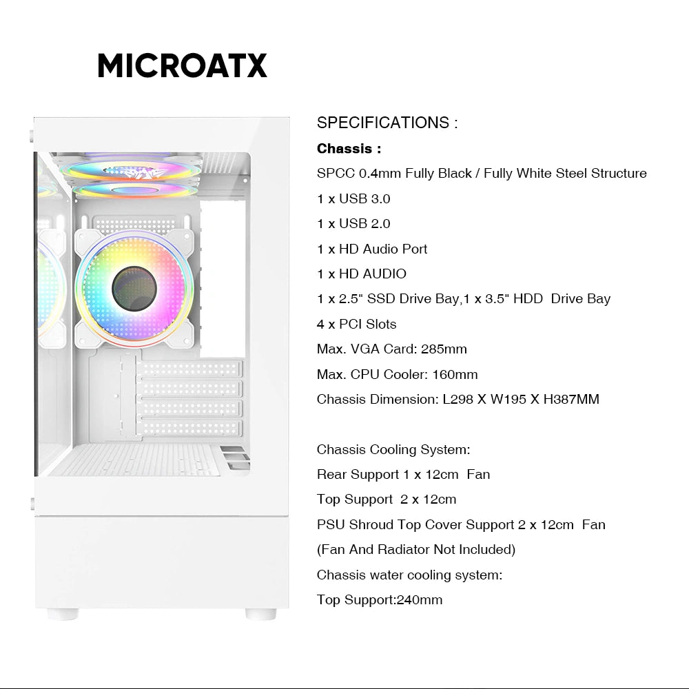 ARMAGGEDDON MICRO-ATX GAMING CASE WITH 3X CHROMA BUILT IN FANS AQUARON DUPLEX 2 CHROMA WHITE