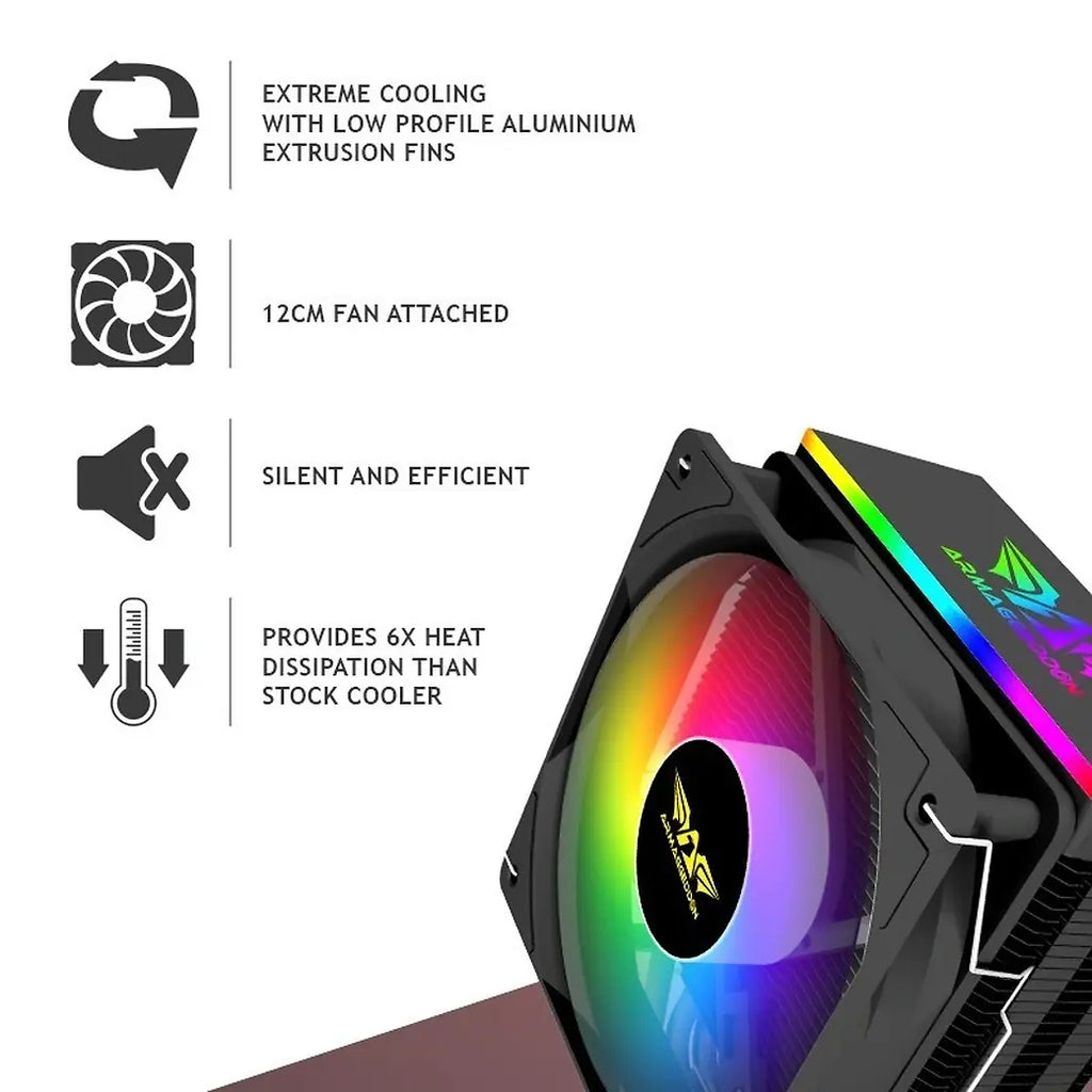 ARMAGGEDDON ARGB SILENT 12CM CPU COOLING FAN 6 HEAT PIPES BLACK