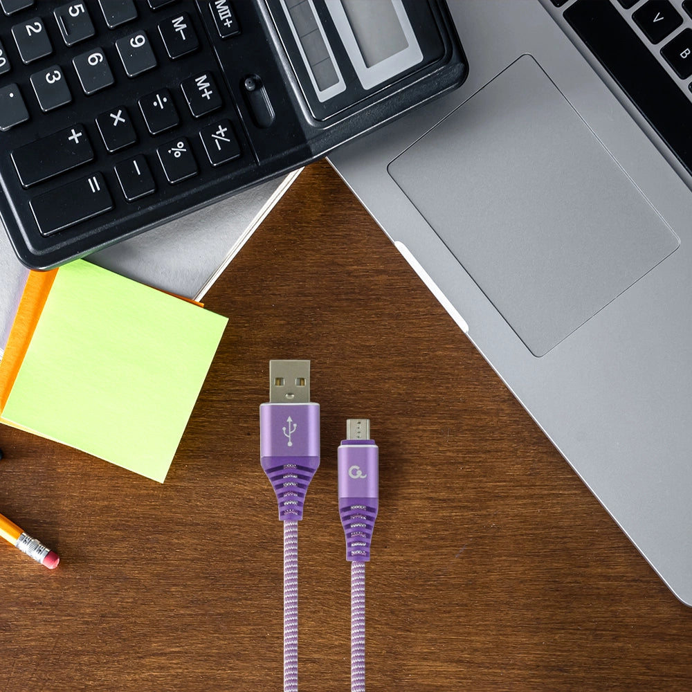 CABLEXPERT PREMIUM COTTON BRAIDED MICRO-USB CHARGING AND DATA CABLE 1M PURPLE/WHITE RETAIL PACK