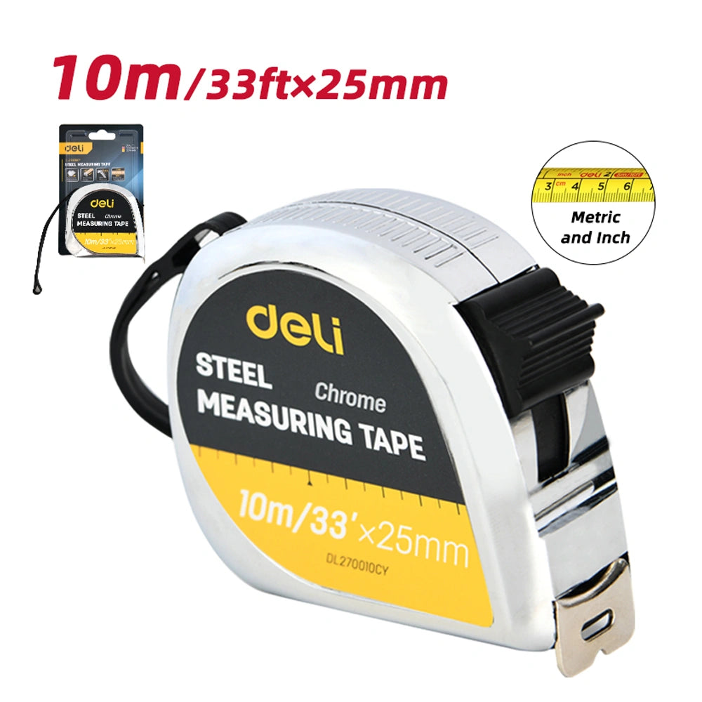 DELI STEEL TAPE MEASURE 10M/33'x25MM SILVER