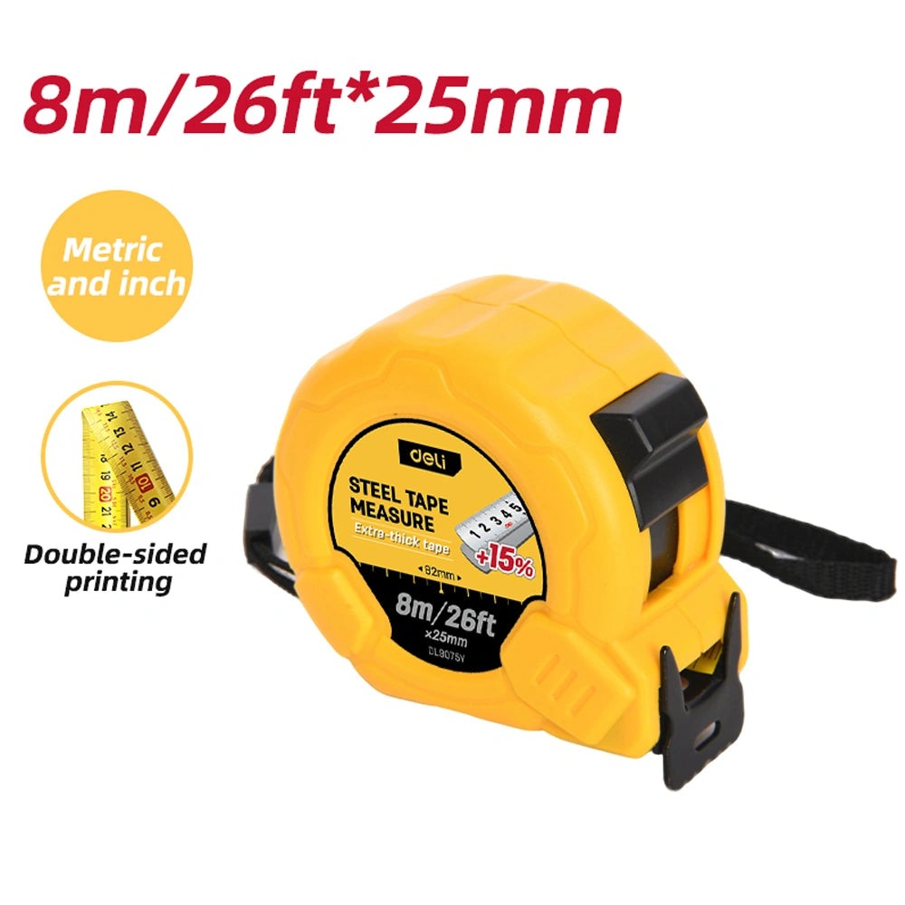 DELI STEEL MEASURING TAPE 8M/26'x25MM YELLOW
