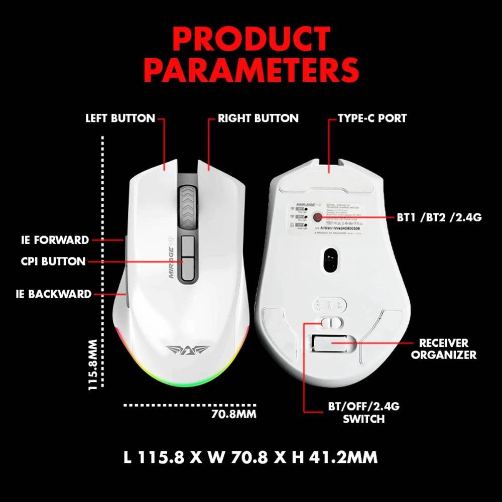 ARMAGGEDDON TRI-MODE GAMING MOUSE 10000CPI MIRAGE VII WHITE