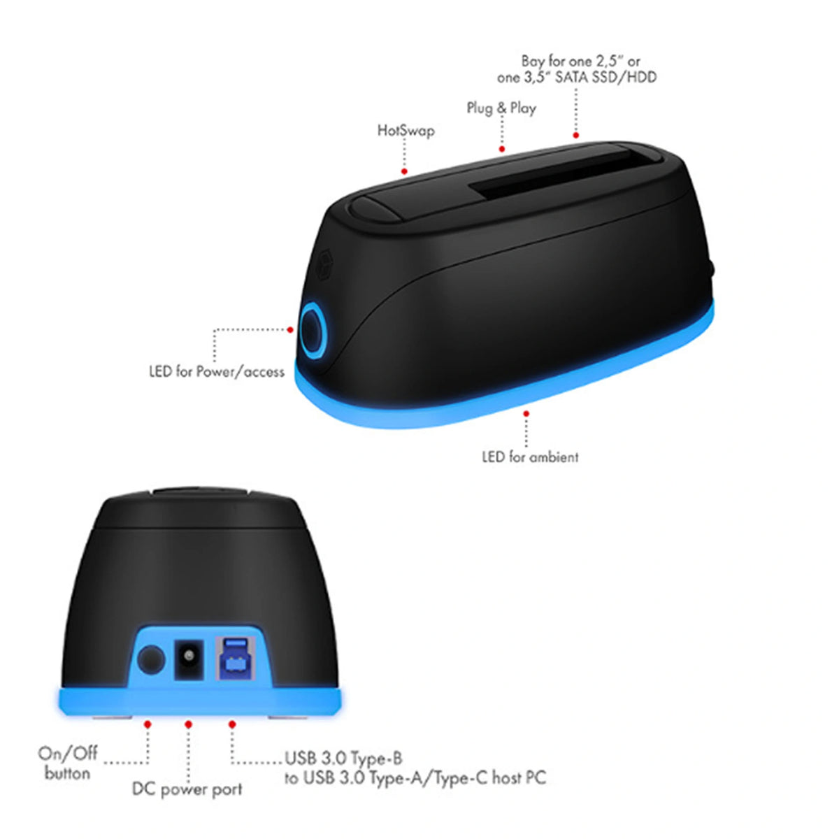 ICY BOX LED DOCKING STATION FOR HDD/SSD WITH TYPE-C/USB 3.2 COMBO CABLE