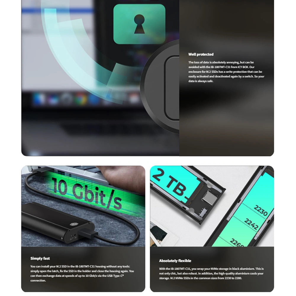 ICY BOX EXTERNAL TYPE-C 3.2 GEN2 ENCLOSURE FOR M.2 NVMe SSD WITH WRITE PROTECTION BLACK