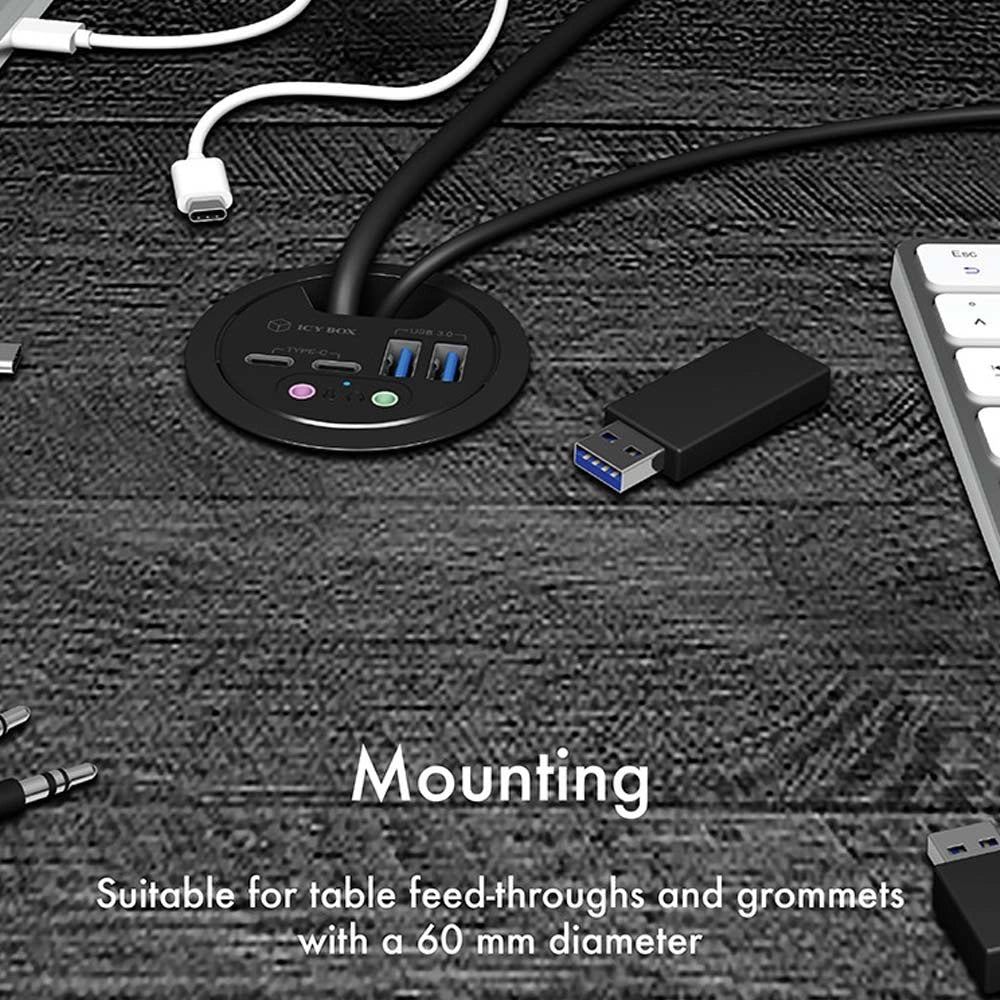 ICY BOX 4-PORT USB 3.2 DESK HUB WITH AUDIO IN/OUT PORTS