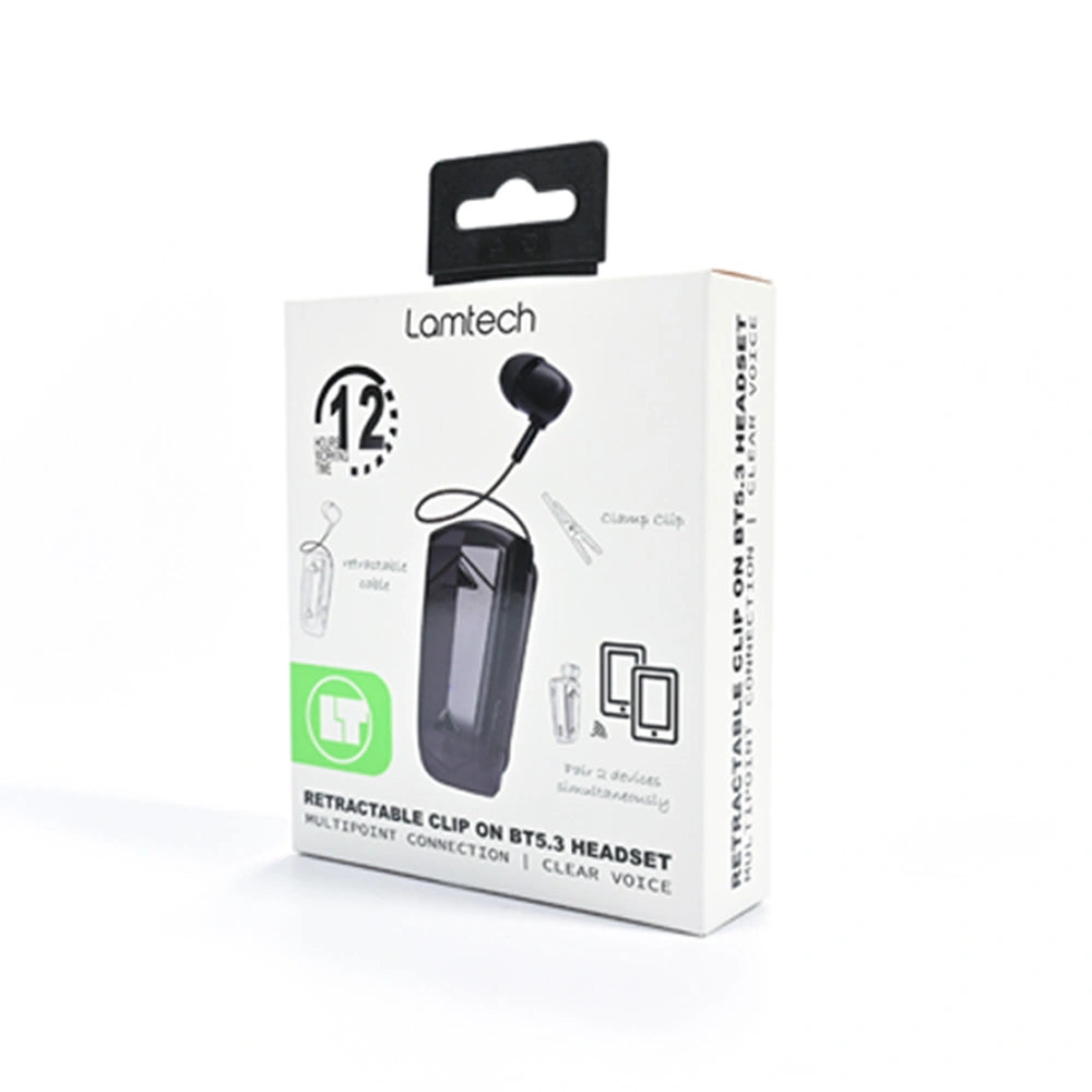 LAMTECH RETRACTABLE BT 5.3 CLIP ON HEADSET BLACK (HANGING CORD)