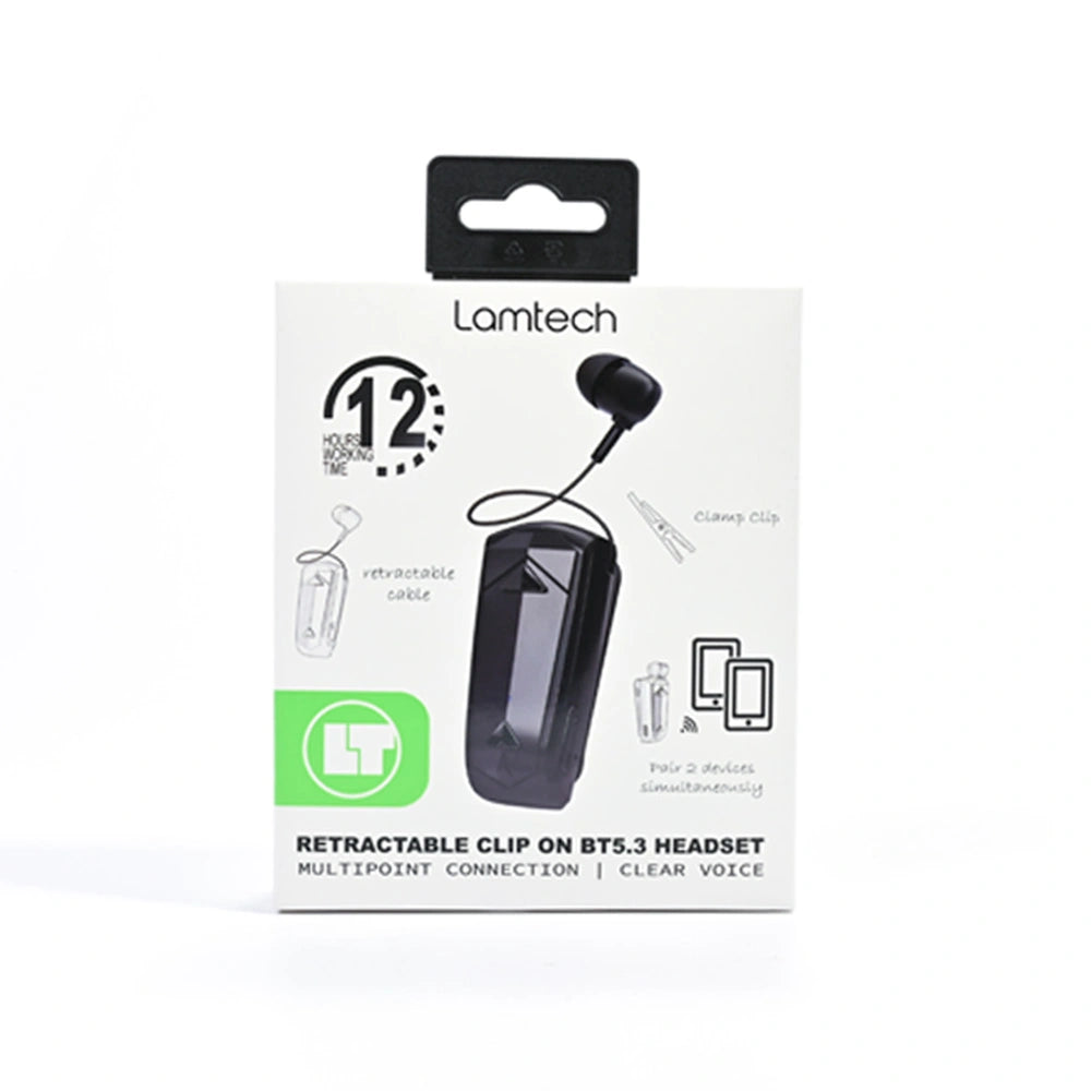 LAMTECH RETRACTABLE BT 5.3 CLIP ON HEADSET BLACK (HANGING CORD)