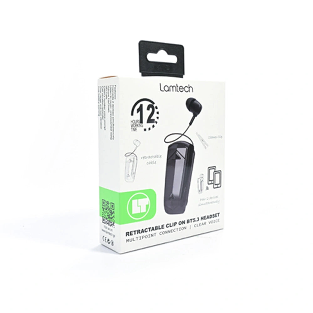 LAMTECH RETRACTABLE BT 5.3 CLIP ON HEADSET BLACK (HANGING CORD)
