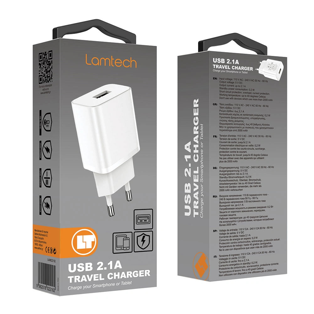 LAMTECH USB TRAVEL CHARGER 2,1A WHITE