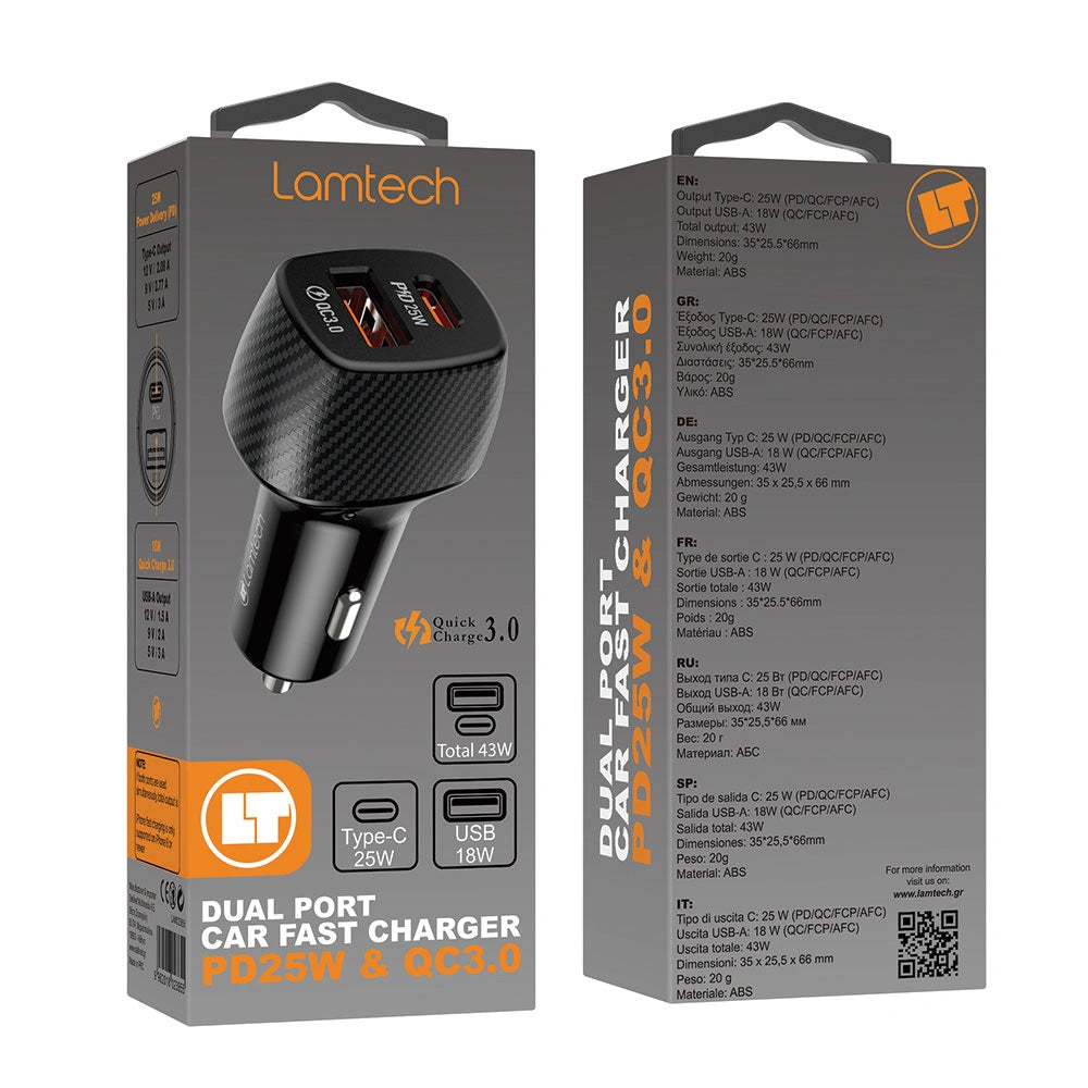 LAMTECH DUAL PORT CAR FAST CHARGER  TYPE-C PD 25W & USB 18W BLACK