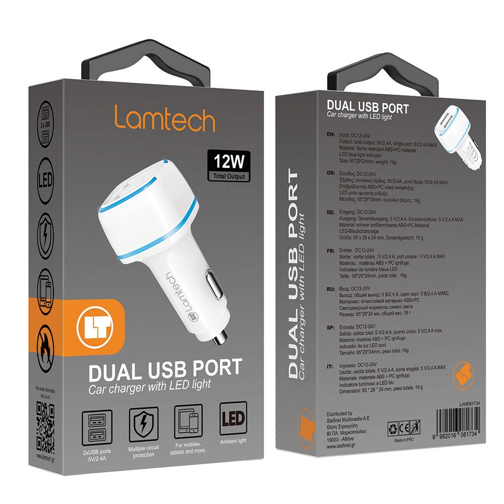LAMTECH 2xUSB 2,4A CAR CHARGER FOR MOBILE PHONES WHITE