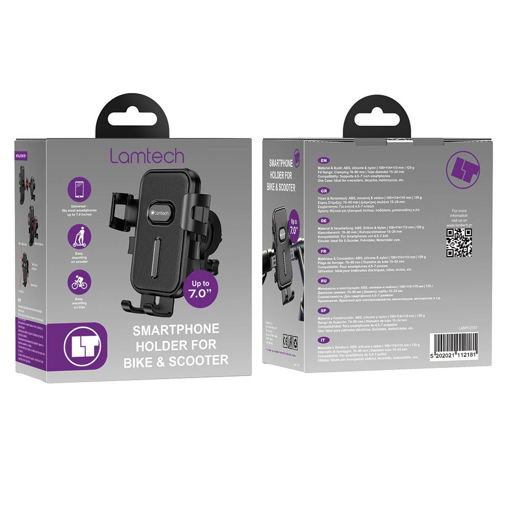 LAMTECH SMARTPHONE HOLDER FOR BIKE OR SCOOTER UP TO 7' BLACK