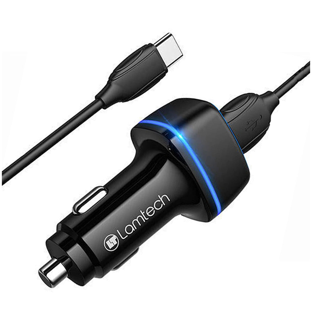 LAMTECH 2xUSB 2,4A CAR CHARGER WITH TYPE-C CABLE 1M BLACK