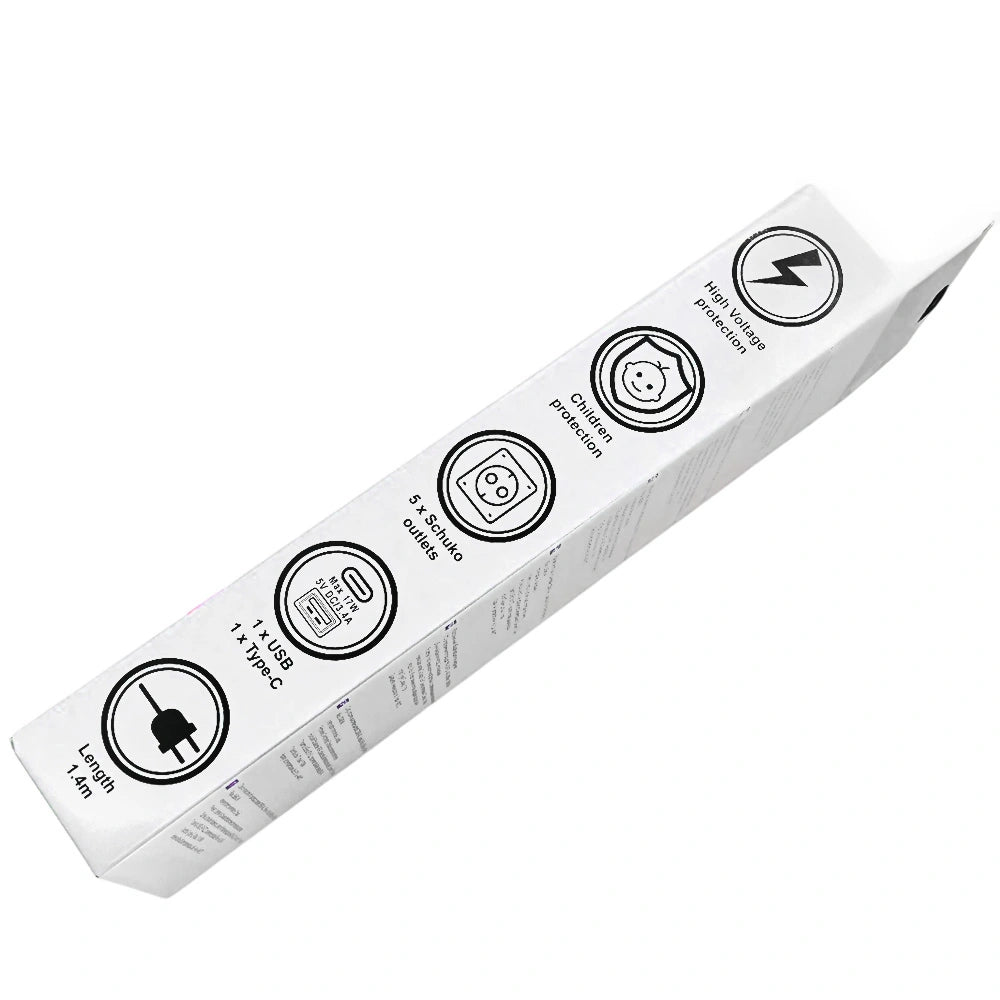 LAMTECH 5WAY SURGE PROTECTOR WITH 1xTYPE-C 1xUSB 5xSCHUKO BLACK/WHITE 1.5M