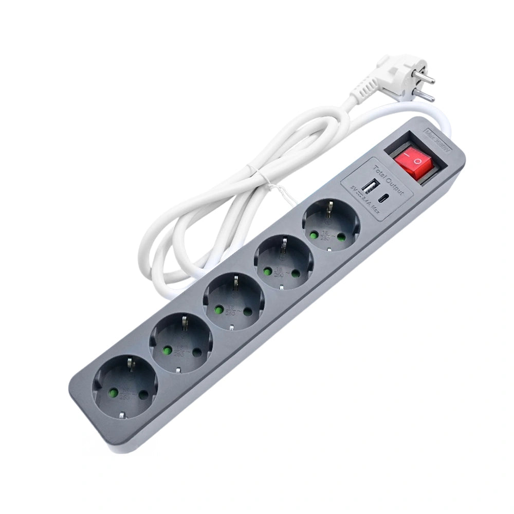 LAMTECH 5WAY SURGE PROTECTOR WITH 1xTYPE-C 1xUSB 5xSCHUKO BLACK/WHITE 1.5M