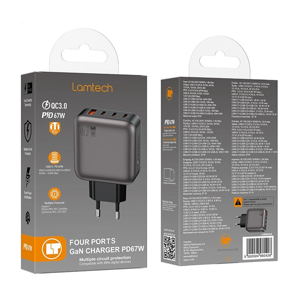 LAMTECH FOUR PORTS GaN CHARGER PD67W GREY
