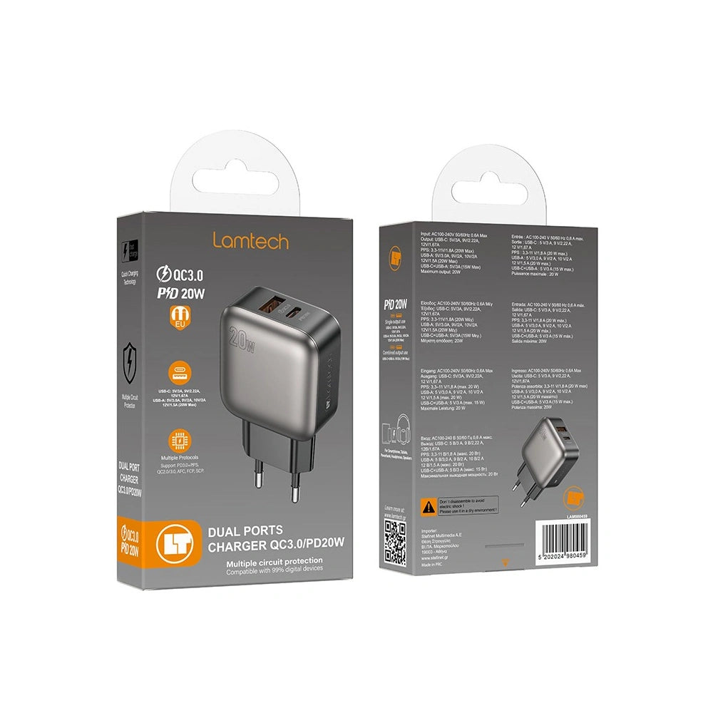 LAMTECH DUAL PORT QC3.0 CHARGER PD20W GREY