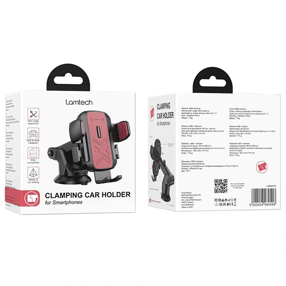 LAMTECH MULTI-ANGLE CLAMPING CAR HOLDER FOR SMARTPHONES UP TO 7' BLACK/RED