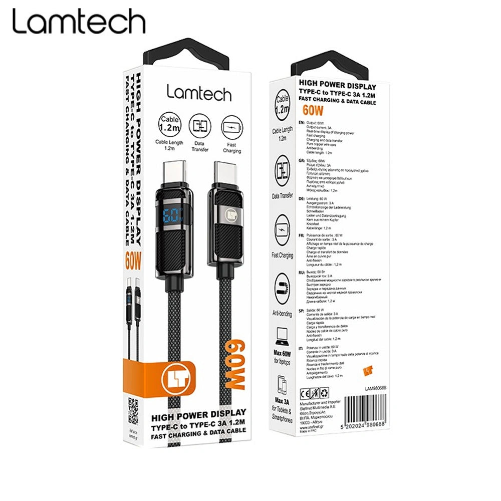 LAMTECH TYPE-C TO TYPE-C 3A HIGH POWER DISPLAY CHARGE & DATA CABLE 60W 1.2M BLACK