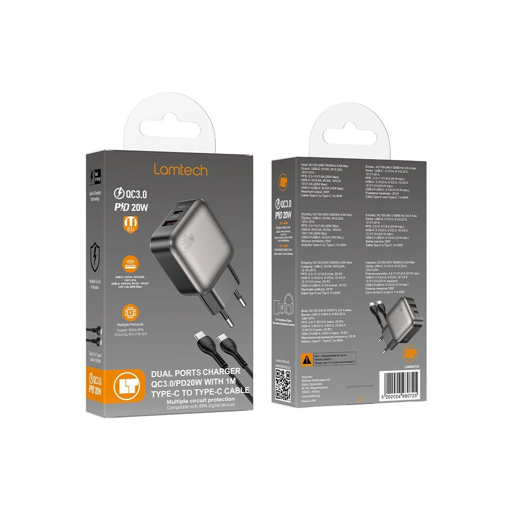 LAMTECH DUAL PORT QC3.0 CHARGER SET PD20W WITH TYPE-C TO TYPE-C CABLE 60W 1M GREY