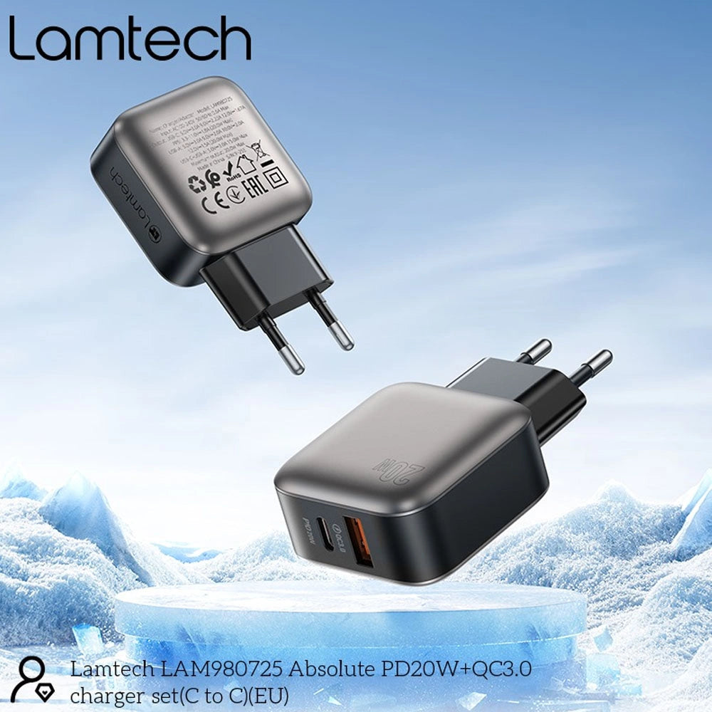 LAMTECH DUAL PORT QC3.0 CHARGER SET PD20W WITH TYPE-C TO TYPE-C CABLE 60W 1M GREY