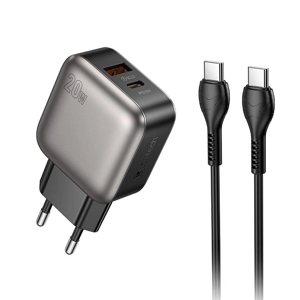 LAMTECH DUAL PORT QC3.0 CHARGER SET PD20W WITH TYPE-C TO TYPE-C CABLE 60W 1M GREY