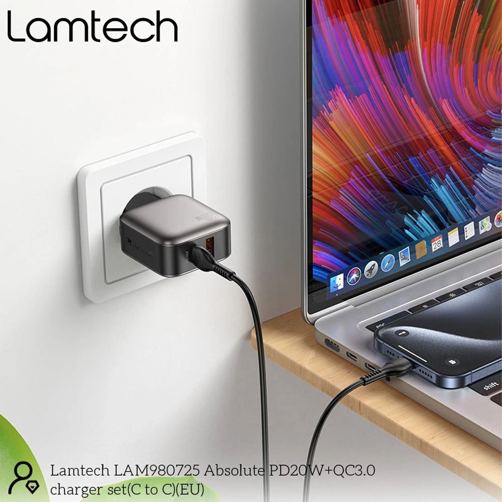 LAMTECH DUAL PORT QC3.0 CHARGER SET PD20W WITH TYPE-C TO TYPE-C CABLE 60W 1M GREY