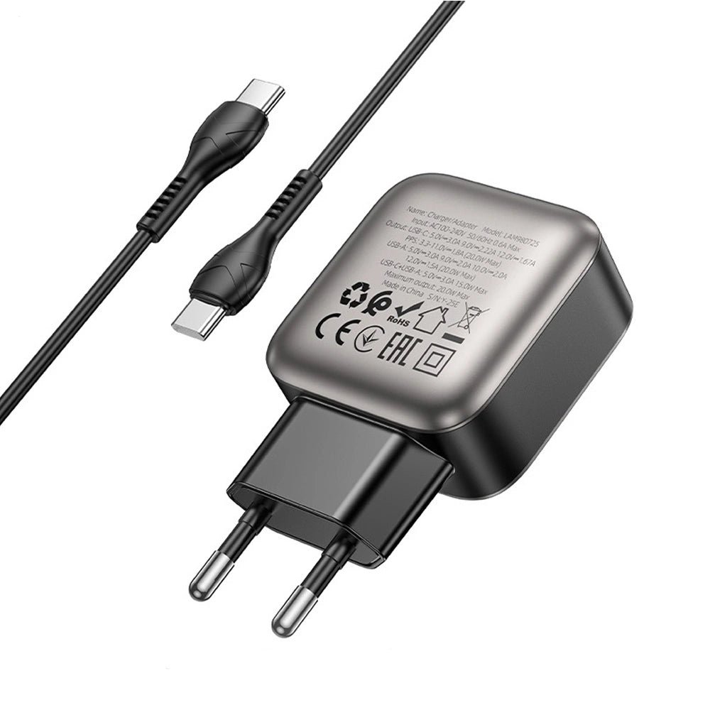 LAMTECH DUAL PORT QC3.0 CHARGER SET PD20W WITH TYPE-C TO TYPE-C CABLE 60W 1M GREY