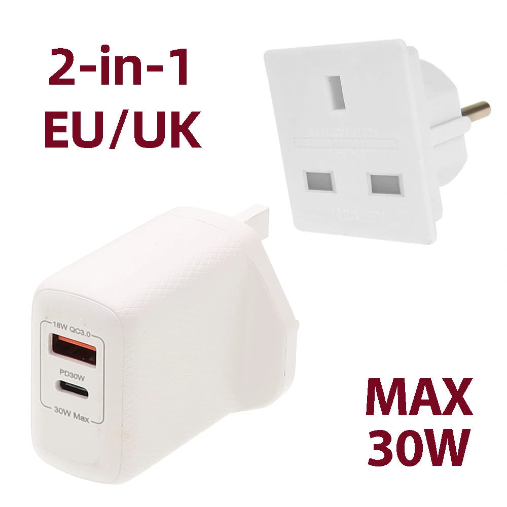 LAMTECH 2-IN-1 EU/UK CHARGER USB QC3.0/TYPE-C WITH ADAPTER 30W