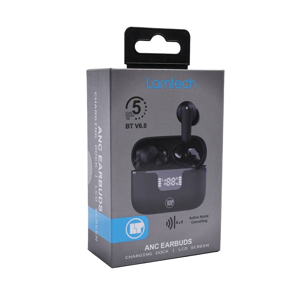 LAMTECH BT v6.0 EARBUDS ANC & 4MIC ENC WITH LED CHARGING CASE BLACK