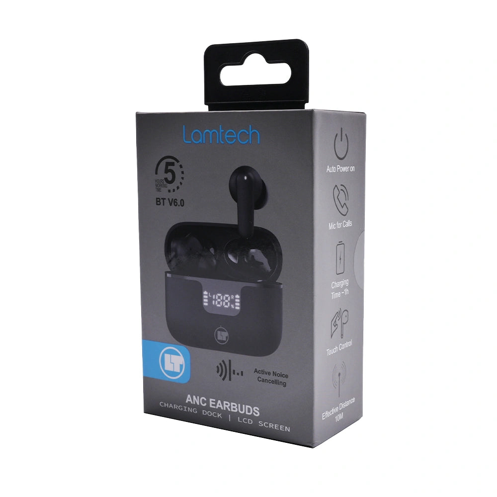 LAMTECH BT v6.0 EARBUDS ANC & 4MIC ENC WITH LED CHARGING CASE BLACK