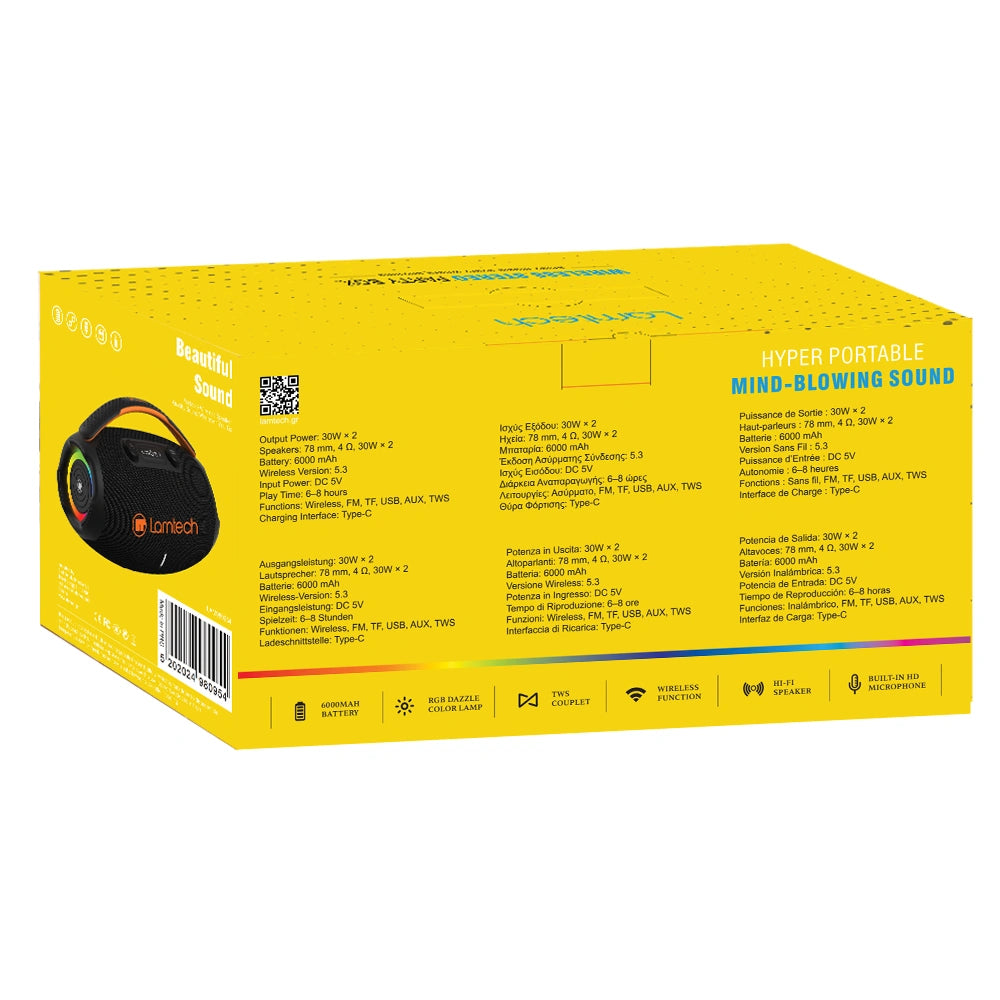 LAMTECH WIRELESS V5.3 STEREO PARTY BOX 60W BLACK ORANGE