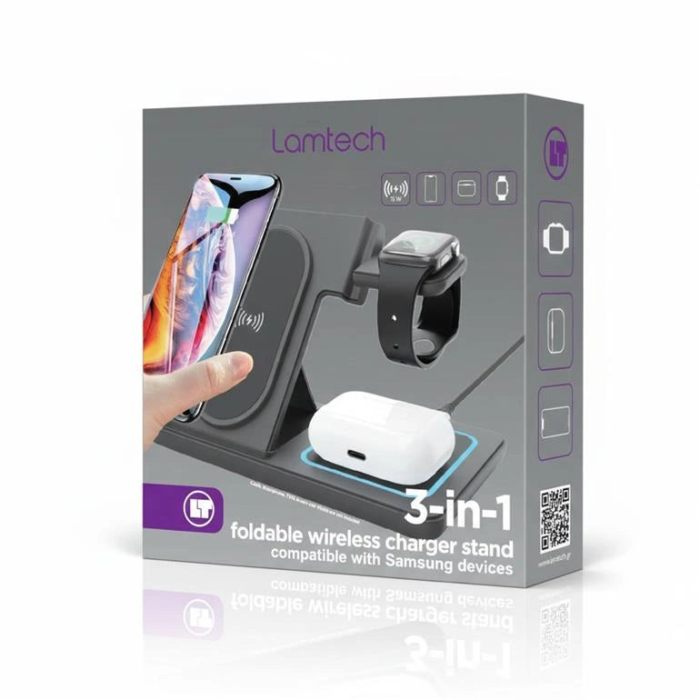 LAMTECH 3-IN-1 FOLDABLE WIRELESS CHARGER STAND 15W COMPATIBLE WITH APPLE DEVICES BLACK