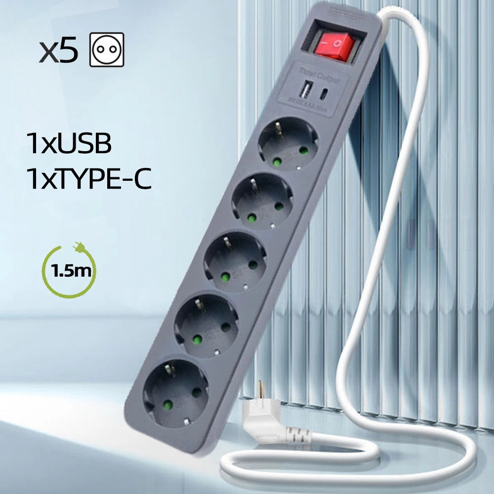 LAMTECH 5WAY SURGE PROTECTOR WITH 1xTYPE-C 1xUSB 5xSCHUKO BLACK/WHITE 1.5M