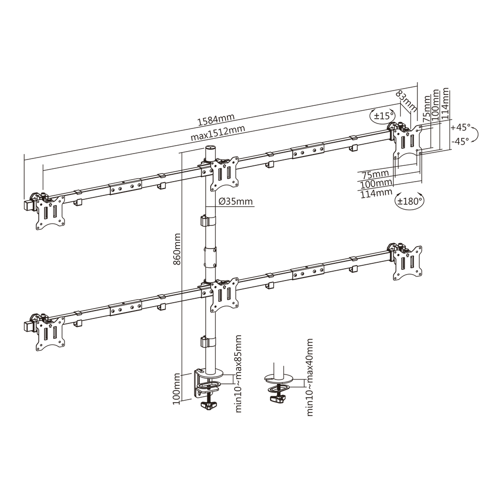 SBOX TABLE STAND FOR 6 MONITORS 17'-32' VESA 100x100 MAX