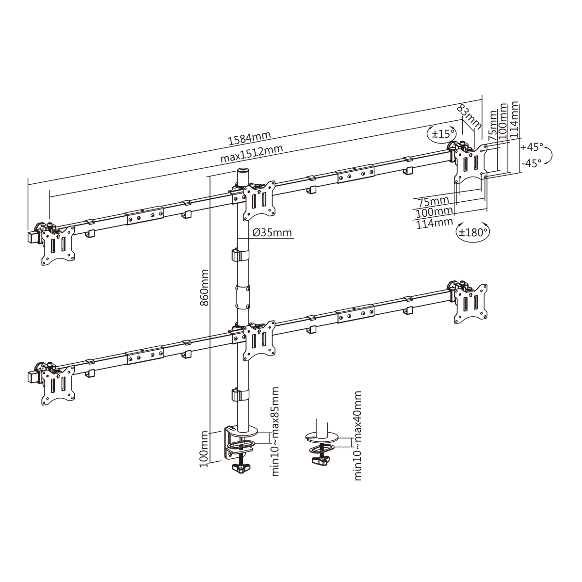 SBOX TABLE STAND FOR 6 MONITORS 17'-32' VESA 100x100 MAX