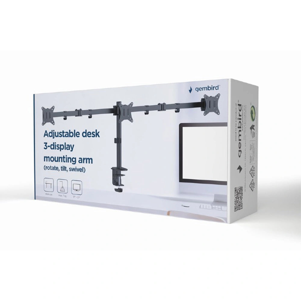 GEMBIRD ADJUSTABLE DESK 3-DISPLAY MOUNTING ARM (RTS) 17”-27” BLACK
