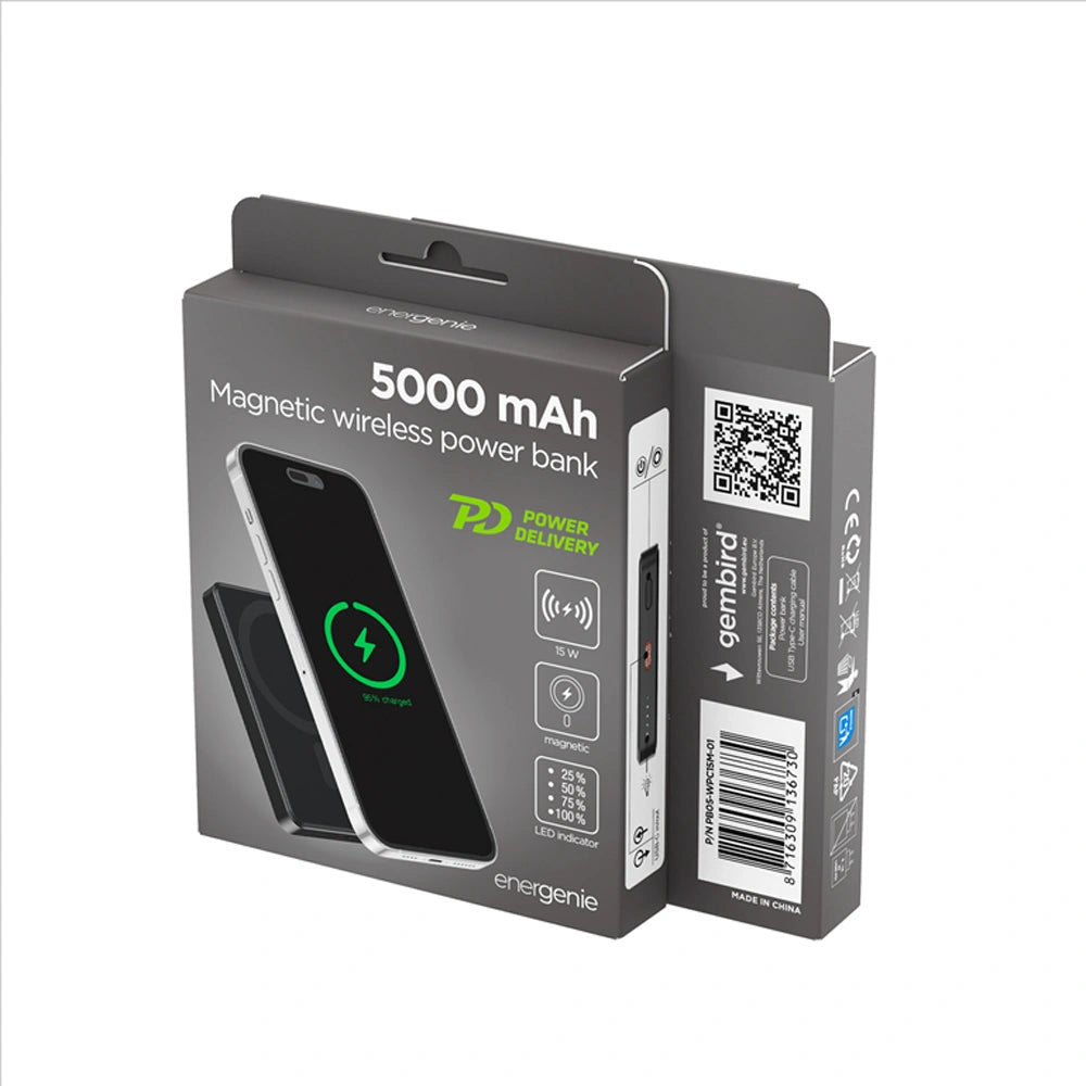 ENERGENIE MAGNETIC 15W WIRELESS POWERBANK 5000MAH PD20W BLACK