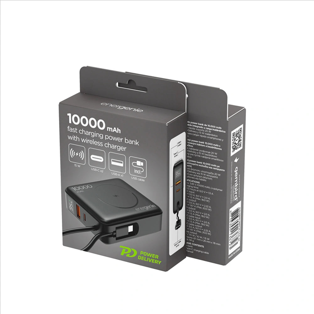 ENERGENIE 20W FAST CHARGING POWER BANK WITH WIRELESS CHARGER 10000 MAH BLACK