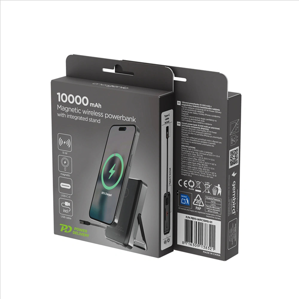 ENERGENIE 15W MAGNETIC WIRELESS POWERBANK WITH INTEGRATED STAND 10000 MAH BLACK