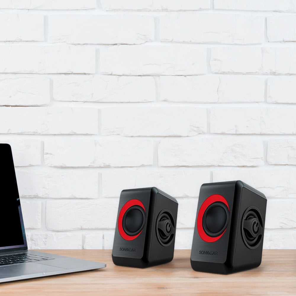 SONIC GEARS USB POWERED QUAD BASS SPEAKERS 2,0 BLACK FESTIVE RED