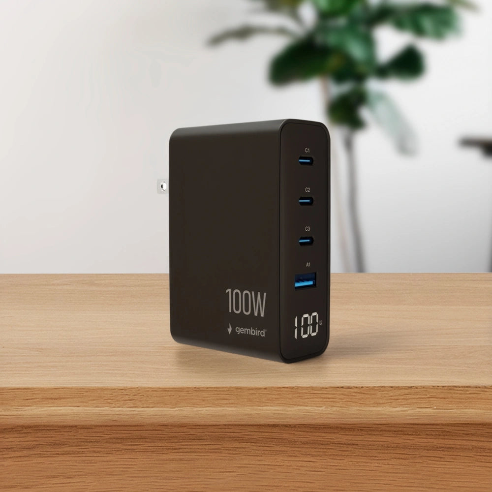 GEMBIRD UNIVERSAL 4-PORT 100W GAN USB FAST CHARGER LCD BLACK