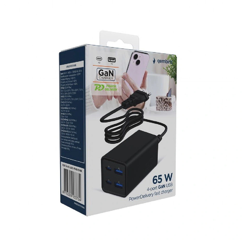 GEMBIRD 4-PORT 65W GaN USB PD FAST CHARGER BLACK