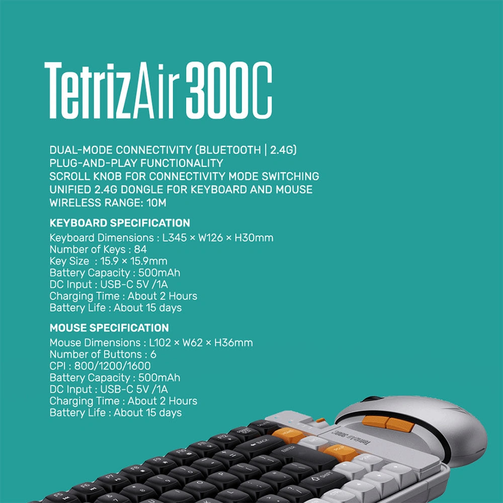 ALCATROZ BT5.3/2.4G MULTI-DEVICE RECHARGEABLE KEYBOARD & MOUSE TETRIZ AIR 300C SUMMER WHITE